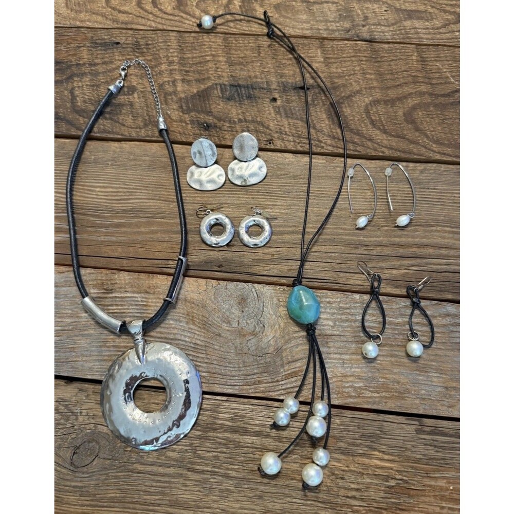 Assorted Boho Silver Leather Fashion Costume Jewelry Lot Necklace Earrings